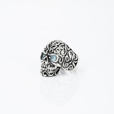 Inel craniu broderie cz blue Argint