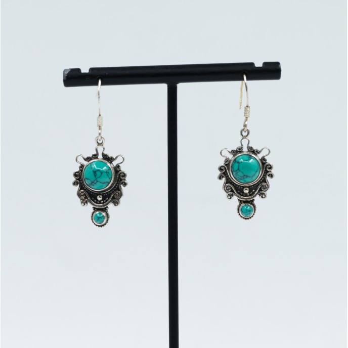 Cercei lungi broderie piatra naturala Argint