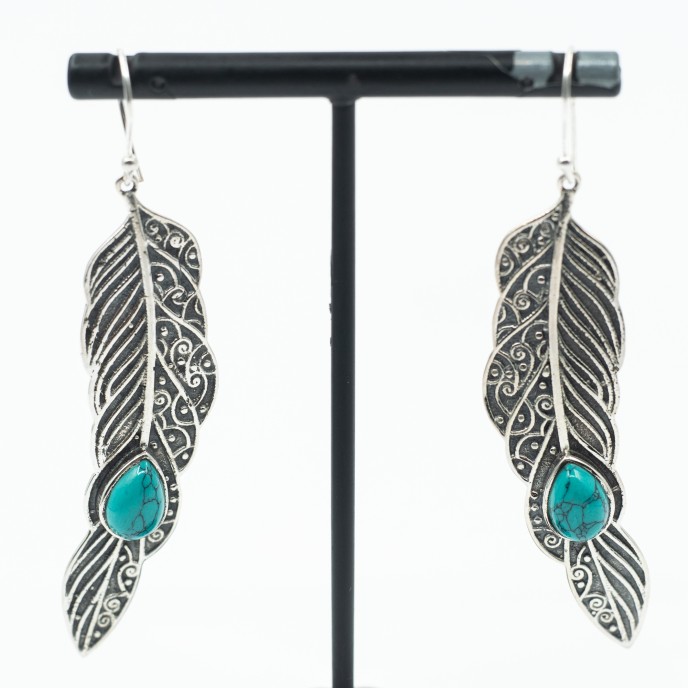 Cercei lungi pana pietre naturale Argint