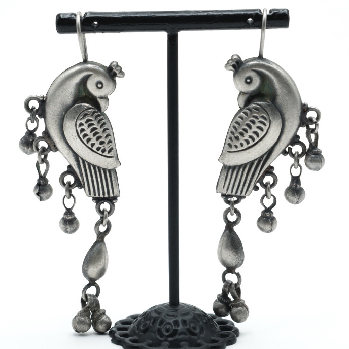 Cercei etnici pauni ciucuri lungi Argint