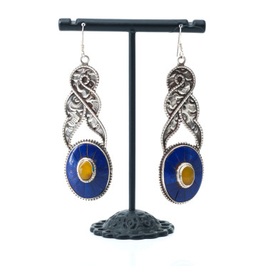 Cercei Nepal lungi broderie lapis Argint