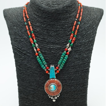 Colier Nepal soare coral turcoaza Argint