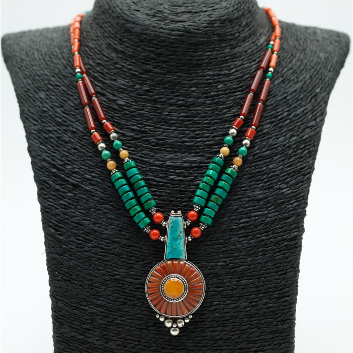 Colier Nepal soare coral chihlimbar Argint