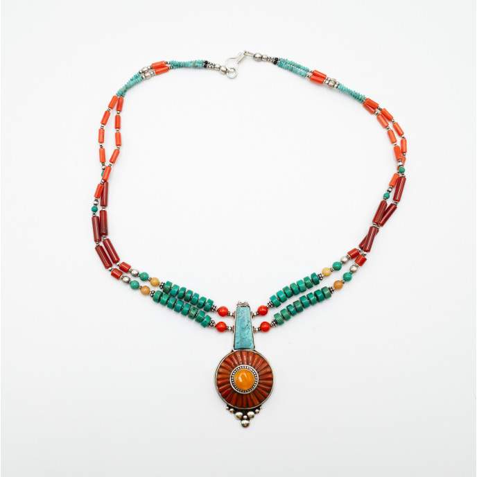 Colier Nepal soare coral chihlimbar Argint