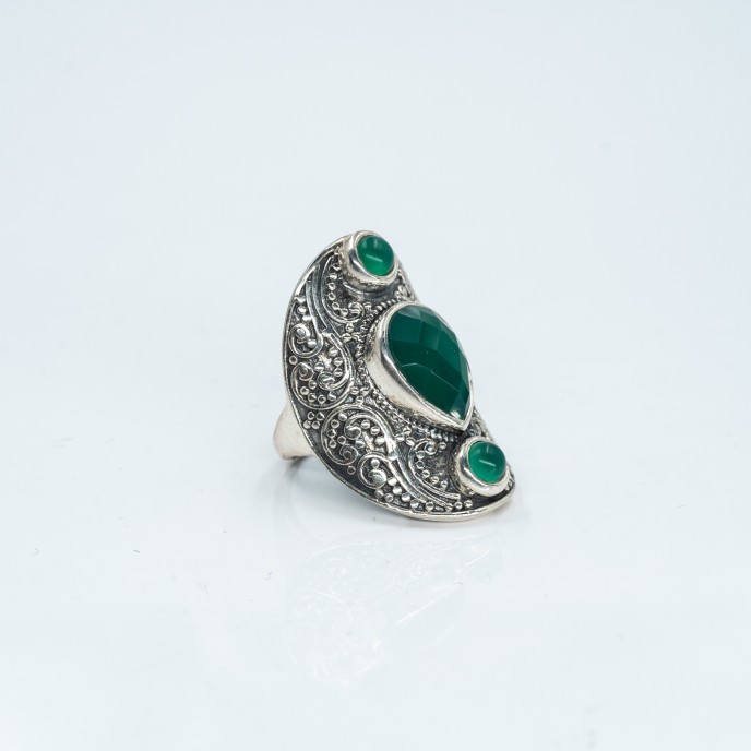 Inel lung broderie trio pietre agat.verde Argint