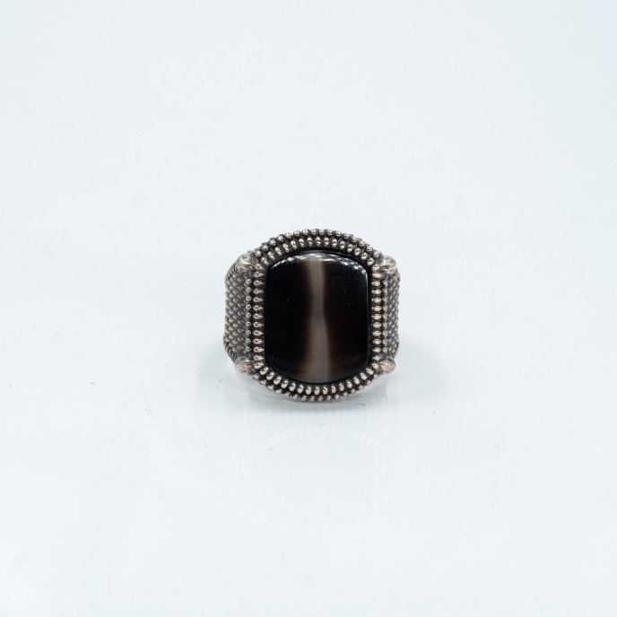 Inel dreptunghiular buburuze fluorit negru Argint