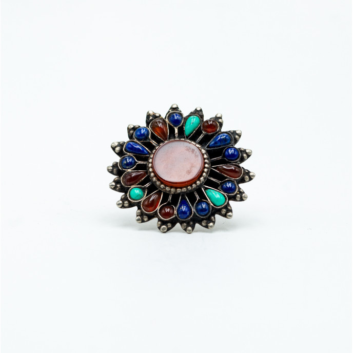 Inel Afgan rotund floare pietre naturale Argint