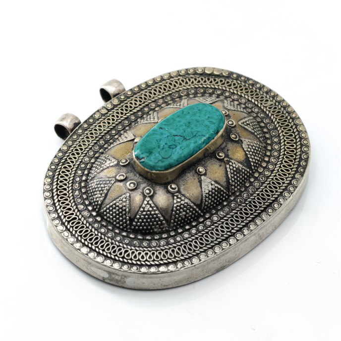 Pandantiv oval etnic India turcoaza Argint