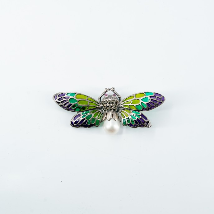 Brosa-pandantiv fluture perla-marcasite Argint