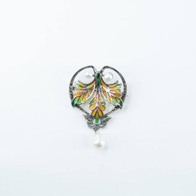 Brosa-pandantiv frunza perle Argint