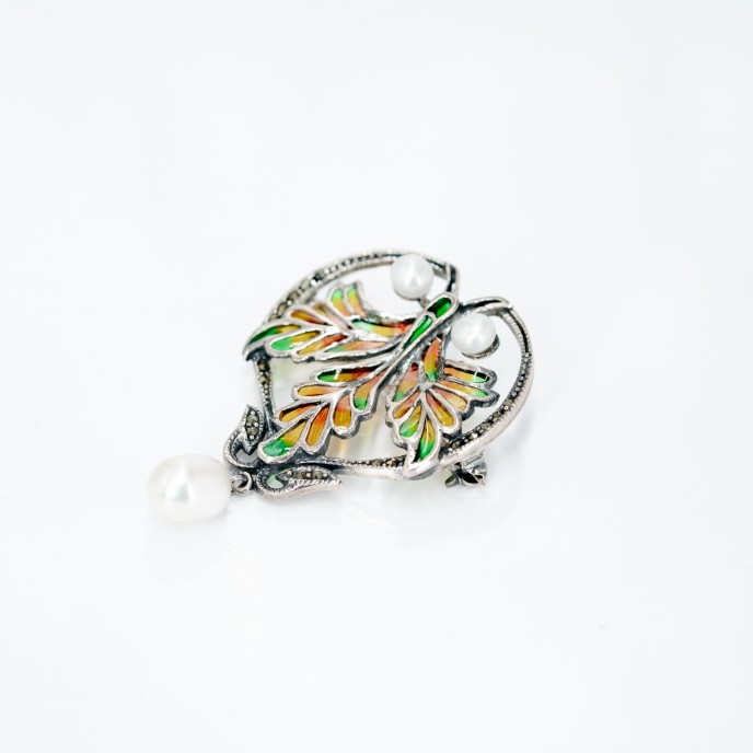 Brosa-pandantiv frunza perle Argint