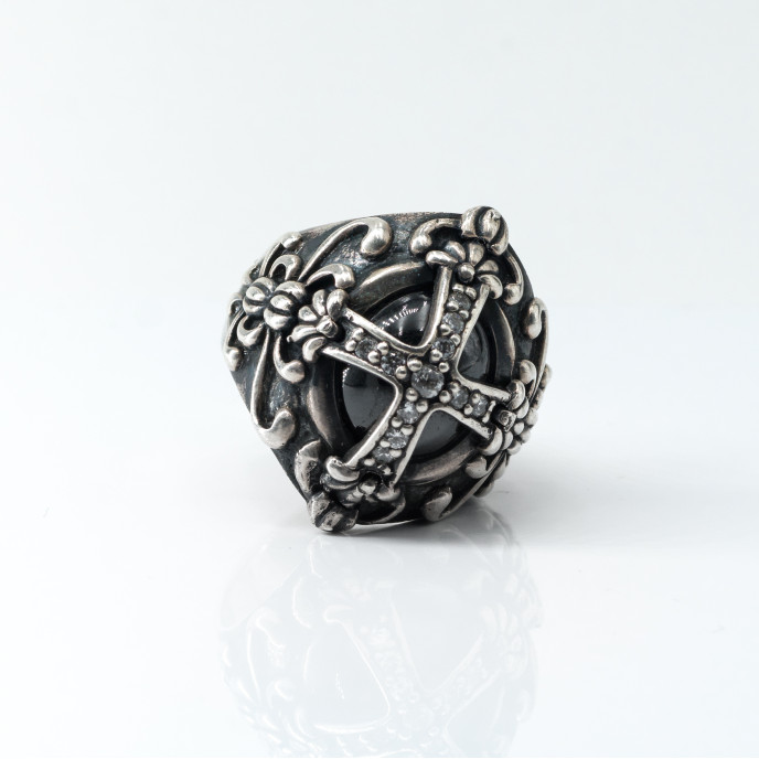 Inel oval bombat cruce hematit Argint