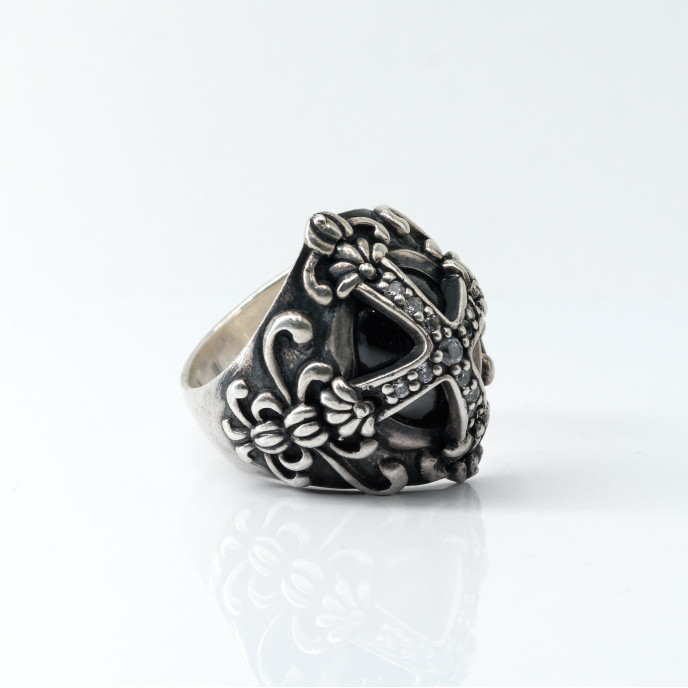 Inel oval bombat cruce hematit Argint