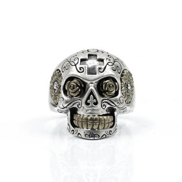 Inel craniu Flower Power Argint