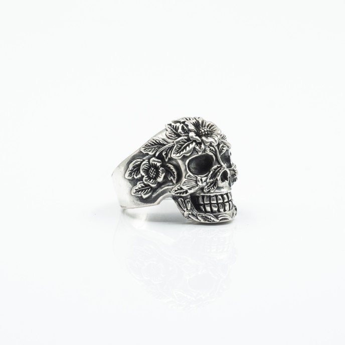 Inel craniu flower power Argint