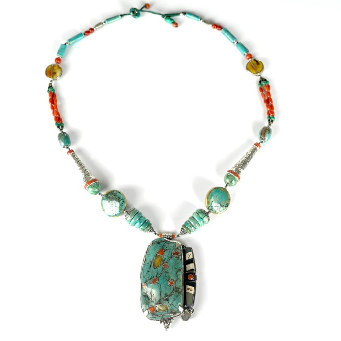 Colier Nepal placa turcoaz corale Argint