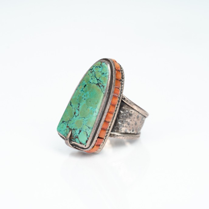 Inel Nepal triunghiular turcoaz verde Argint