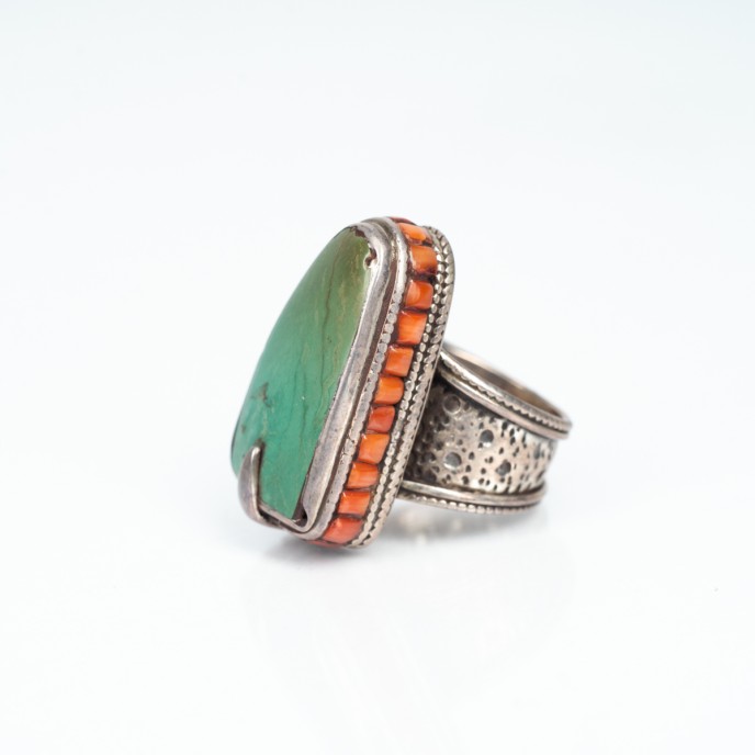 Inel Nepal triunghiular turcoaz verde Argint