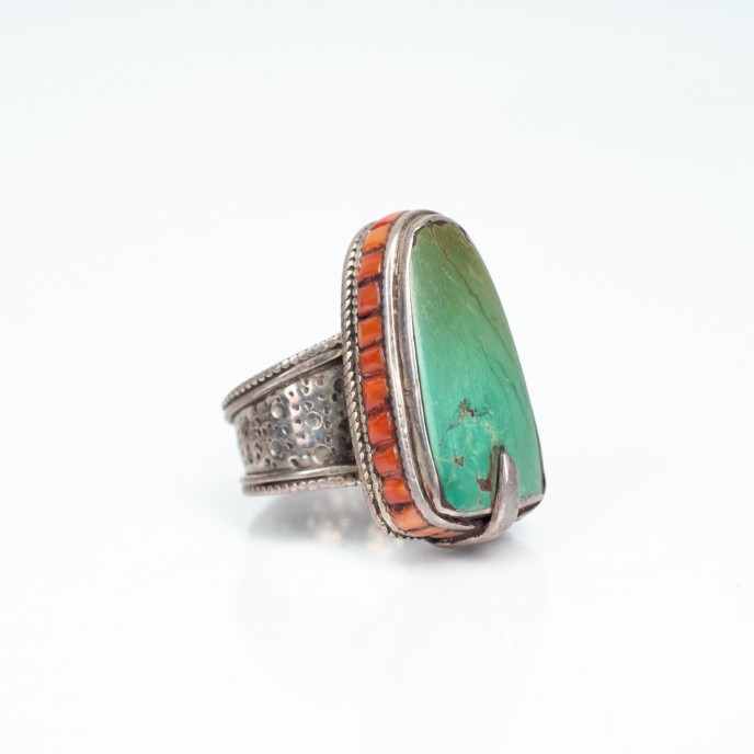 Inel Nepal triunghiular turcoaz verde Argint