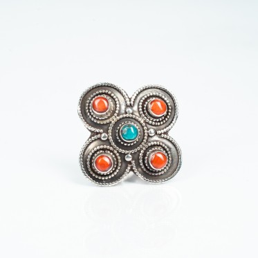 Inel Nepal patrat floare corale-turcoaze Argint