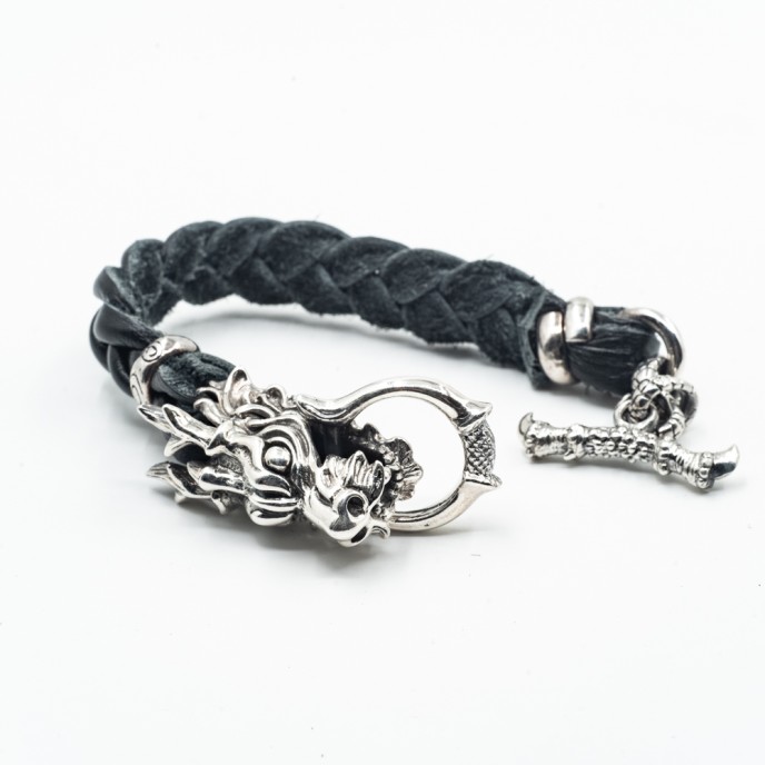 Bratara piele cap de dragon L Argint