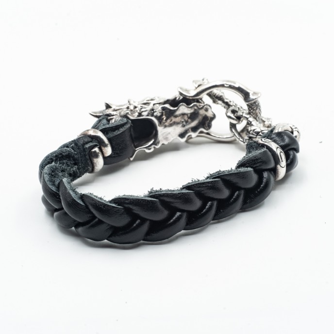 Bratara piele cap de dragon L Argint