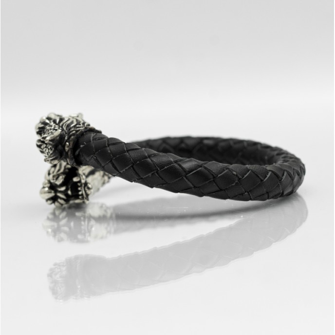 Bratara piele capete de dragon Argint