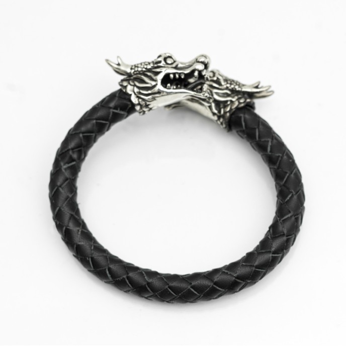 Bratara piele capete de dragon Argint