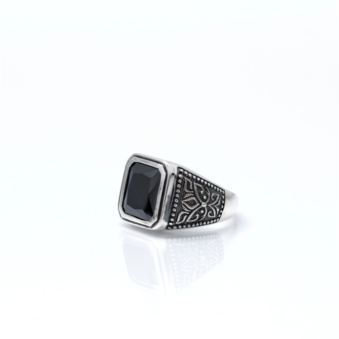 Inel patrat zirconiu negru broderie Argint