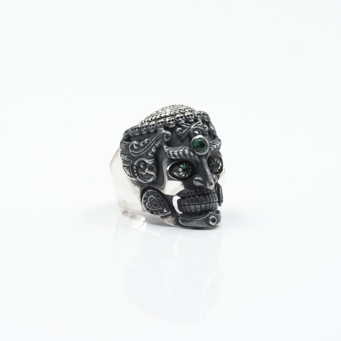 Inel craniu razboinic asiatic cz.verde Argint