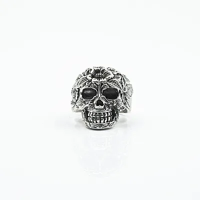 Inel craniu flower power Argint - 1