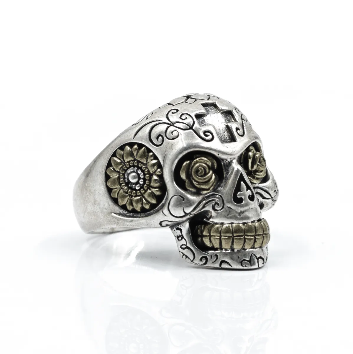 Inel craniu Flower Power Argint