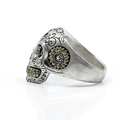 Inel craniu Flower Power Argint - 3