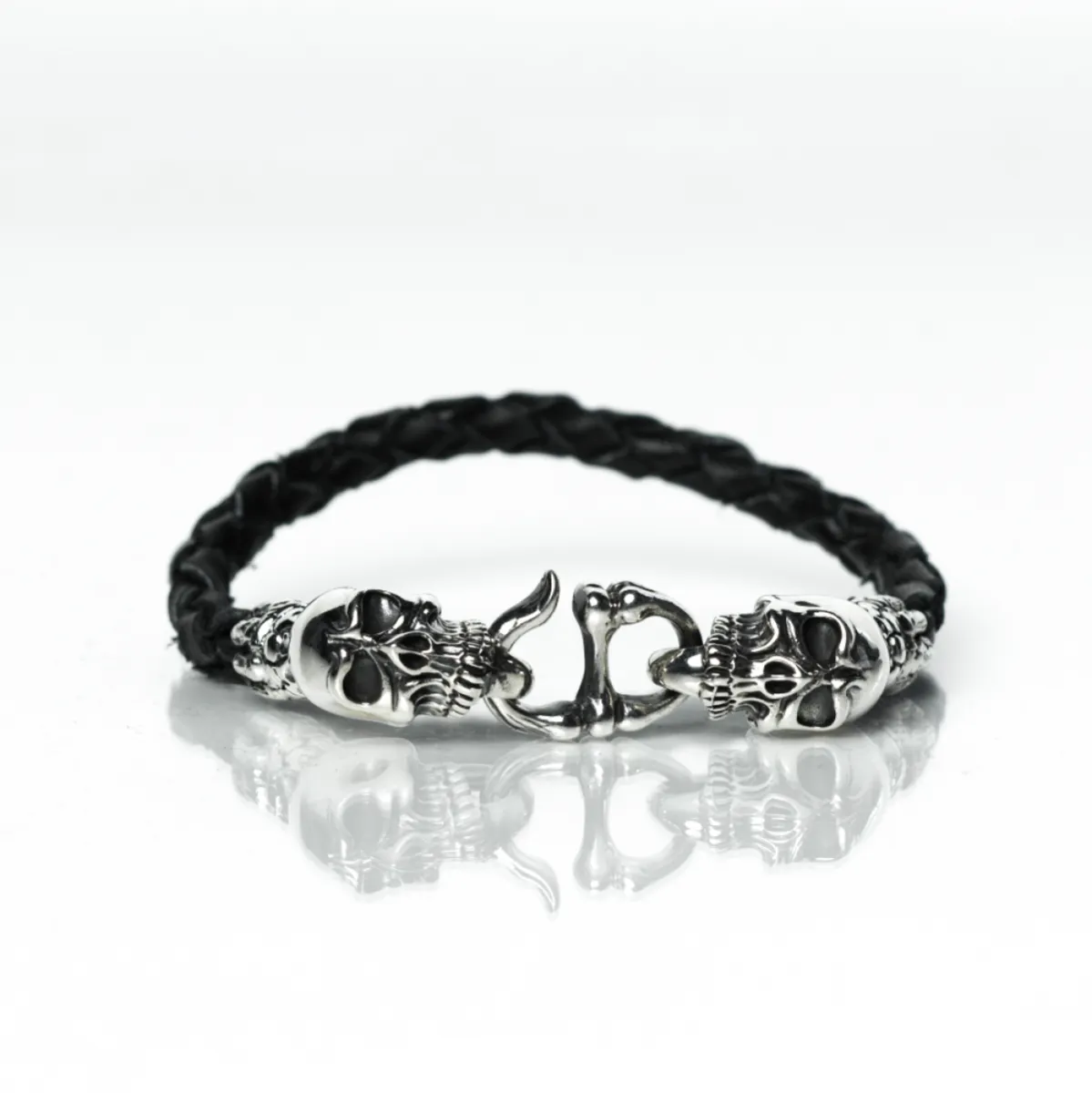 Bratara piele capete de mort Argint