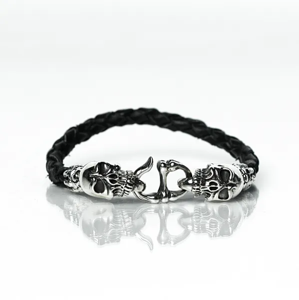 Bratara piele capete de mort Argint