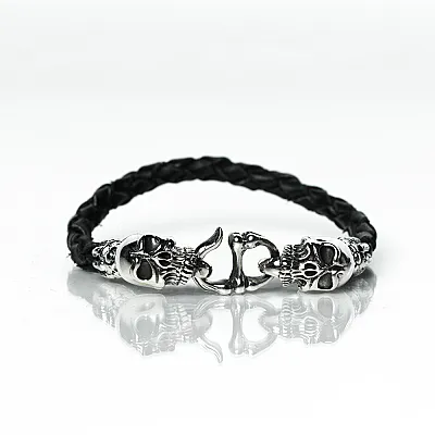 Bratara piele capete de mort Argint - 1