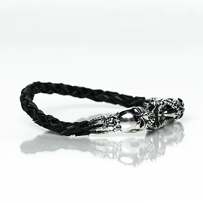 Bratara piele capete de mort Argint - 4