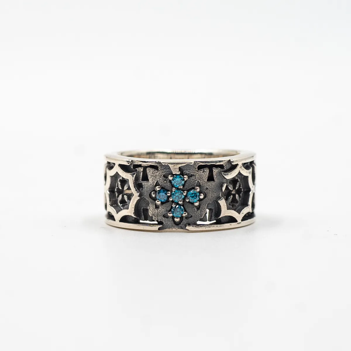 Inel cruci gotice c.z.bleu Argint