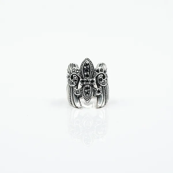 Inel Fleur de Lys aripi cz.negru Argint