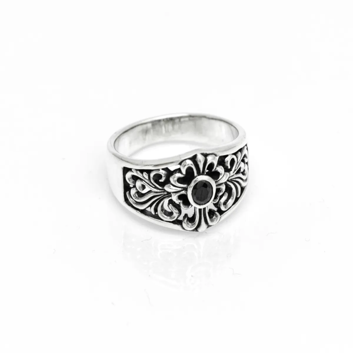 Inel lat broderie cruce onix Argint
