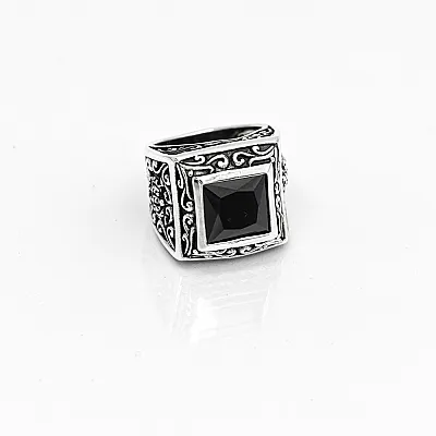 Inel gotic patrat zirconiu negru Argint - 2
