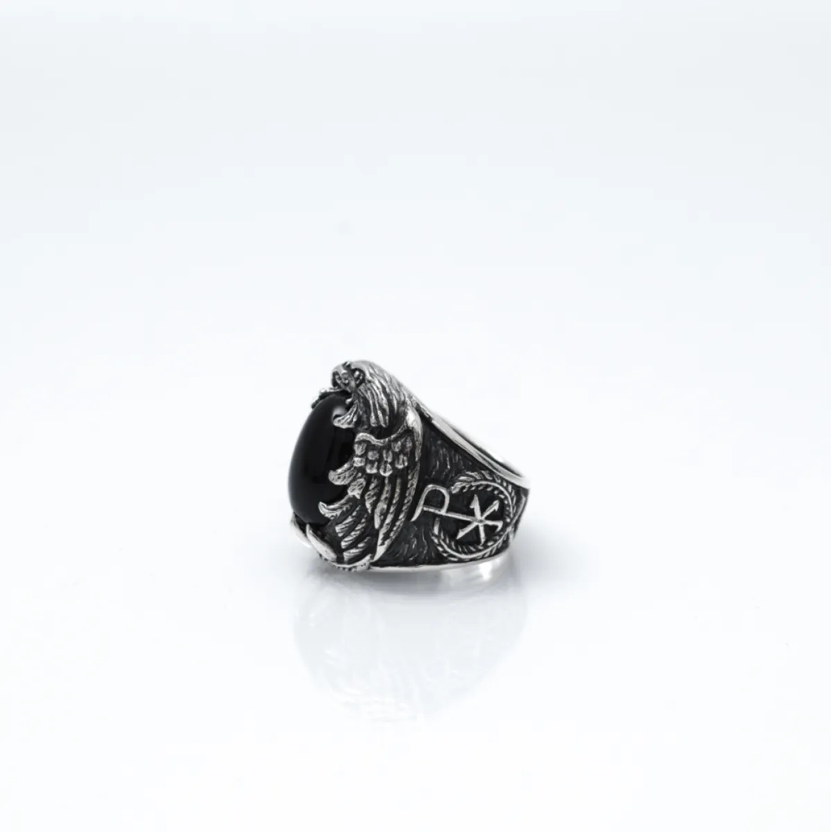 Inel gotic oval vultur onix Argint