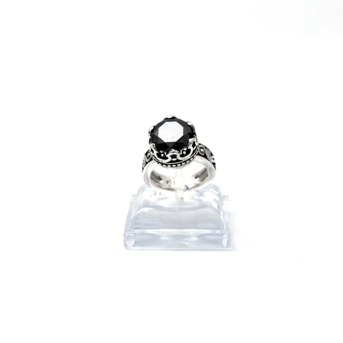 Inel coroana broderie gotica negru Argint