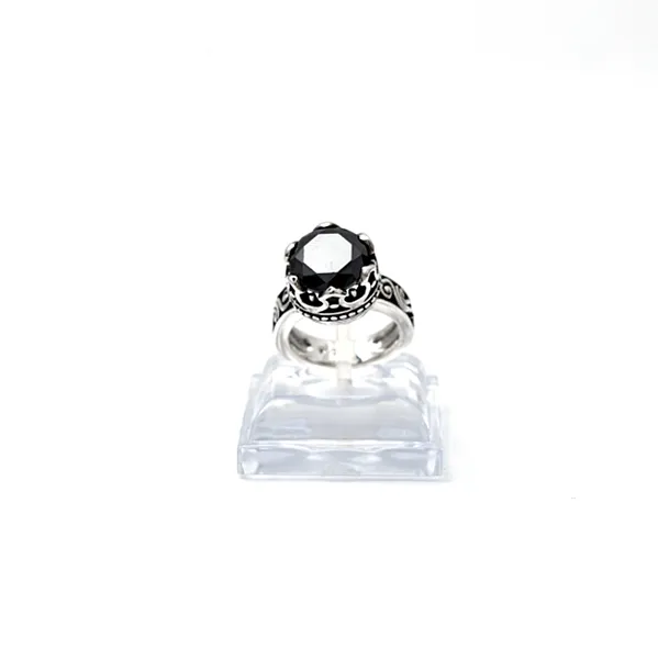 Inel coroana broderie gotica negru Argint