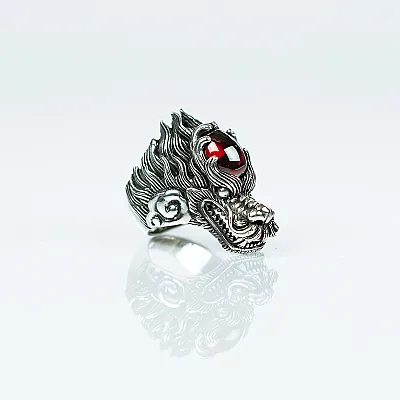 Inel cap dragon rosu Argint - 3