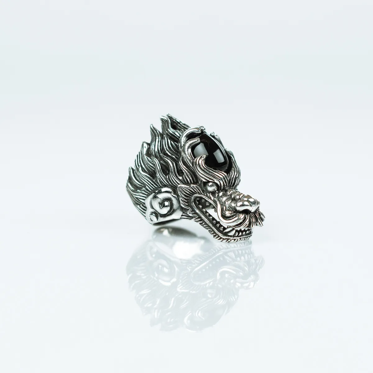 Inel cap dragon negru Argint