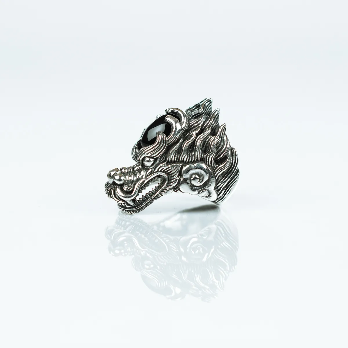 Inel cap dragon negru Argint