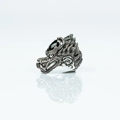 Inel cap dragon negru Argint - 4