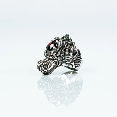 Inel cap dragon rosu Argint - 4