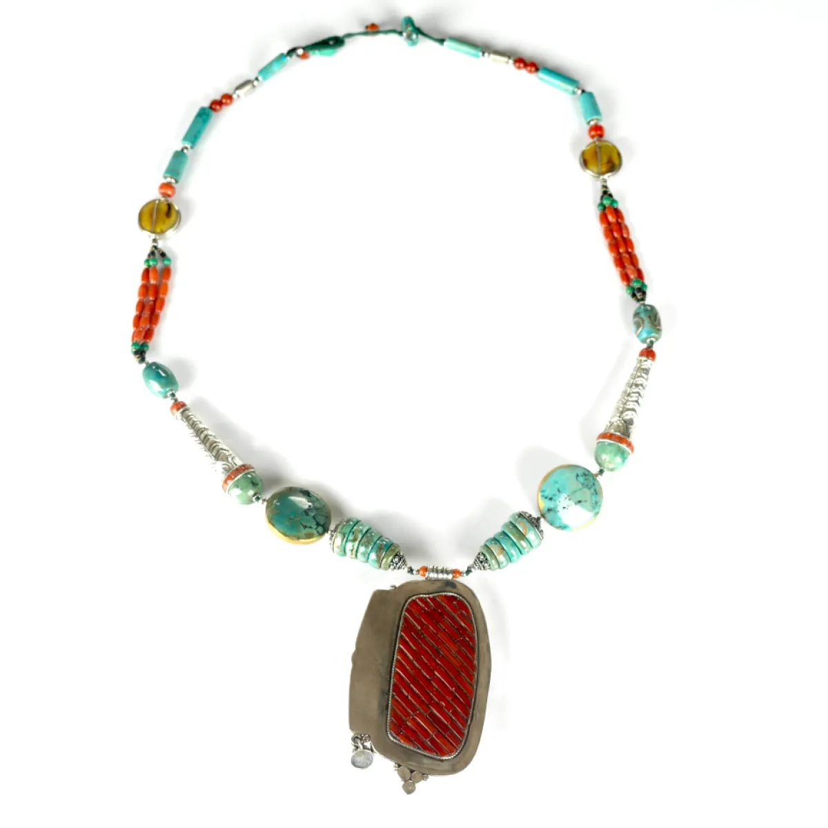 Colier Nepal placa turcoaz corale Argint